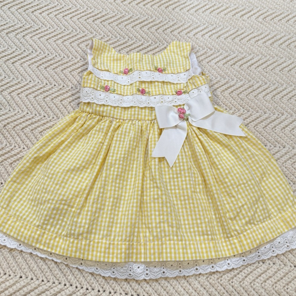 Rare Editions Seersucker Yellow Gingham Easter Spring Dress Size 12 Months Bow‎